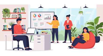 Diverse team collaborating in a vibrant, modern office. Professionals work, present data, and relax, illustrating teamwork, productivity, and a balanced, eco-friendly business environment.