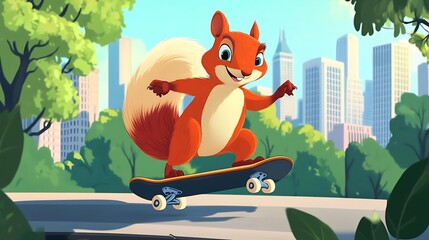 Squirrel skateboarding in urban park illustration