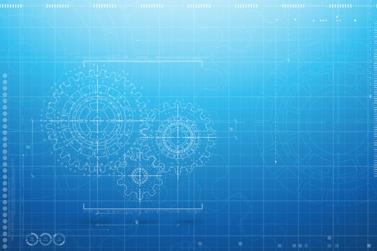 Abstract mechanic parts of car engine or watch. Gear blueprint technical background. Cogs and wheels in gray color. Blueprint of working clock. Tech drawing of gears connection. Vector illustration.