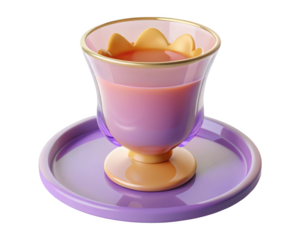 Elegant tea cup with decorative accents and purple saucer on background 3d illustration isolated on transparent background