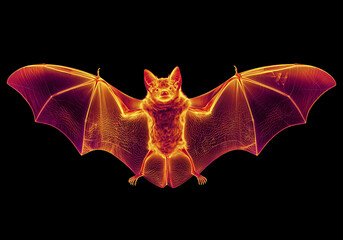 Naklejka premium Holographic orange Flying Bat on Black Background – Futuristic Digital Illustration