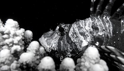 Lionfish underwater close-up black and white