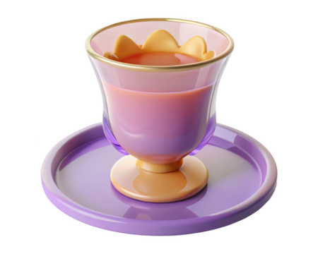 Elegant tea cup with decorative accents and purple saucer on background 3d illustration isolated on transparent background
