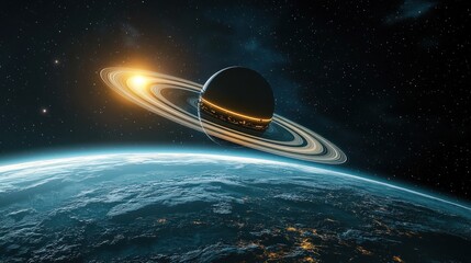 A large space station orbiting a glowing blue planet with rings, seen from the perspective of an approaching spacecraft, highlighting the scale  