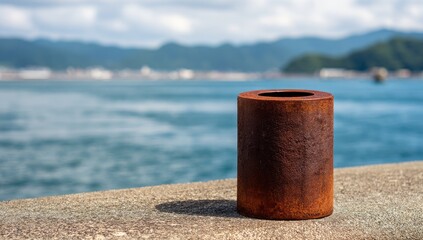 Rusted cylindrical object on a harbor wall, with a blurred ocean and mountain backdrop