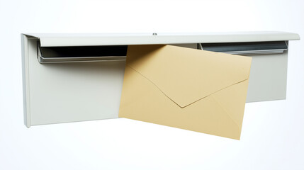 Mailbox slot with envelope halfway inside, symbolic communication, (clean modern detail, white isolated background