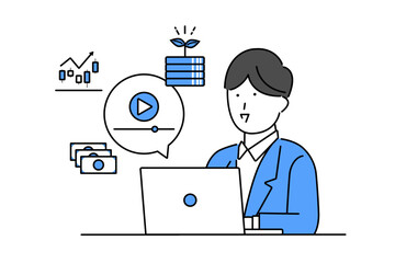 インターネットの動画配信を視聴してお金の勉強をする若い男性のイラスト