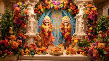 Obraz premium Radha Ashtami celebration photography, colorful temple interior with Radha-Krishna idols adorned with fresh flowers