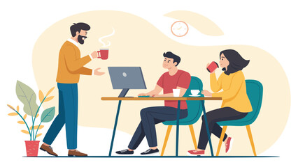 Colleagues collaborate in a modern office, enjoying coffee breaks while working on computers. Represents teamwork, communication, and a productive work environment.