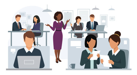 Diverse business professionals collaborate and work productively in a modern office environment, illustrating teamwork, management, and corporate life.