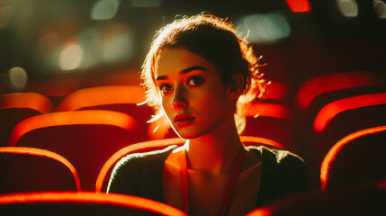 Confident young woman sitting alone under dramatic spotlight surrounded by rows of red velvet seats like in a movie theater