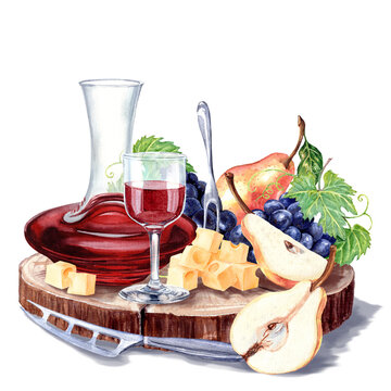 watercolor wine glass cheese pear still life clip art preview