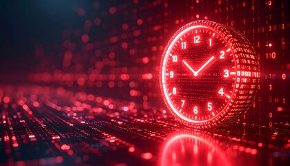 A glowing red digital clock made of binary code floats in a futuristic data stream, symbolizing an urgent deadline or a digital time bomb.