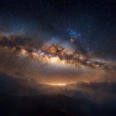 Fototapeta premium Milky Way galaxy rising above mountain peaks shrouded in clouds. Vast expanse of stars and nebulae