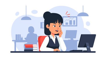 Professional businesswoman working at her office desk, looking concerned. Illustrates problem-solving, business challenges, and corporate communication.