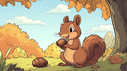 Squirrel with nut in autumnal forest