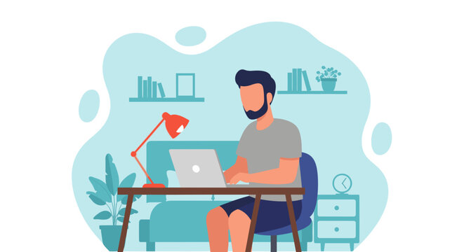 Man working comfortably on a laptop at his home office desk. Ideal for concepts of remote work, online learning, freelancing, and digital lifestyle.