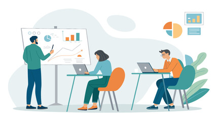 Business professionals analyze growth data during a presentation in a modern office setting, fostering teamwork and strategic planning.