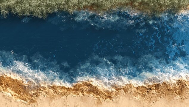 High-angle view of a sandy beach meeting a dark blue ocean.  Lush green vegetation borders the water's edge - Powered by Adobe