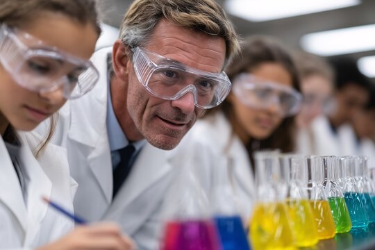 Male teacher observing student in science class, colorful liquids in chemistry lab environment - Powered by Adobe