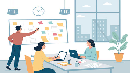 Team meeting in a modern office, a man presenting ideas on a whiteboard to two colleagues working on laptops, emphasizing collaboration and productivity in business.