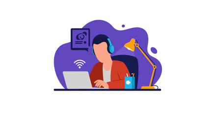 Illustration of a person wearing headphones and working on a laptop, symbolizing remote work, online education, and digital communication.