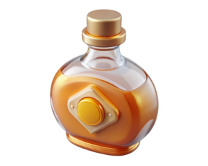 Golden elixir bottle with emblem potion isolated magic serum vial liquid container game asset 3d illustration isolated on transparent background
