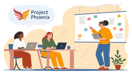 Diverse businesswomen collaborate on a project in a modern office. One presents ideas on a whiteboard while others work on laptops, highlighting teamwork and strategy for Project Phoenix.