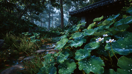 Emerald lotus leaves cover the palace roof, with dewdrops glistening in the soft morning light