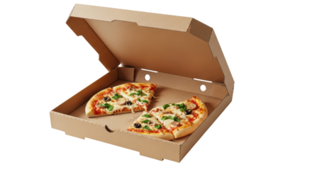 Isolated Opened pizza box with pizza