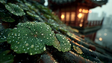 Emerald lotus leaves cover the palace roof, with dewdrops glistening in the soft morning light