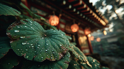 Emerald lotus leaves cover the palace roof, with dewdrops glistening in the soft morning light