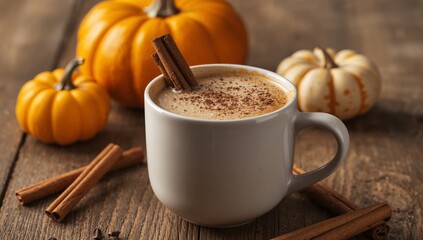 Pumpkin spice latte with cinnamon sticks and pumpkins on a rustic wooden surface.