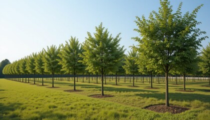 Fototapeta premium “A neat arrangement of healthy trees planted as an environmental buffer, with trimmed grass, clear skies, and a peaceful atmosphere.” 