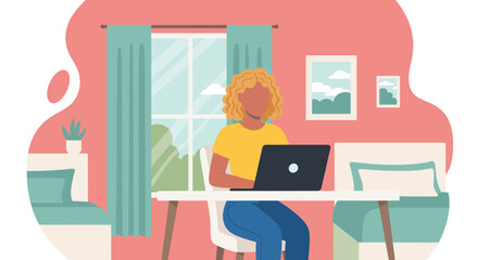 Person working remotely from home on a laptop, illustrating a modern work-life balance and productivity in a comfortable, vibrant interior.