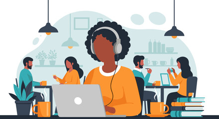 Focused professionals work in a modern co-working space. A woman with headphones on a laptop represents productivity, remote work, and collaborative business environment.