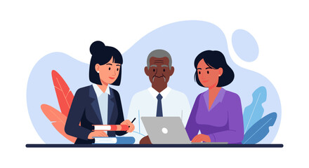 Diverse team collaborating on a project with books and a laptop, symbolizing education, business, and mentorship in a professional setting.