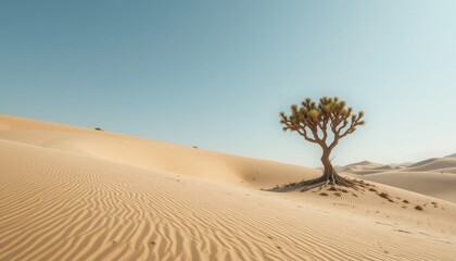 &ldquo;A minimal desert landscape with smooth dunes, a lone acacia tree, and soft sunlight creating a fresh and uncluttered look.&rdquo;
