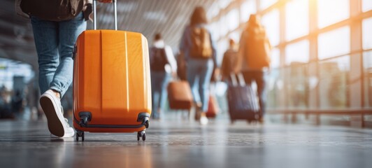 The bright orange suitcase rolls through a busy airport terminal.
