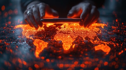 Hands Holding Phone Above Glowing World Map