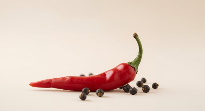 Red Chili Pepper Pod with Black Juniper Berries, Food Styling and Composition.