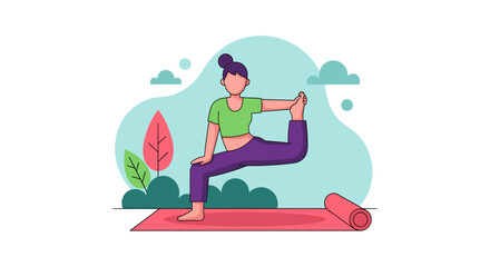 A woman practices yoga outdoors on a mat, demonstrating flexibility and balance. Represents wellness, healthy lifestyle, and mindfulness for fitness and self-care concepts.