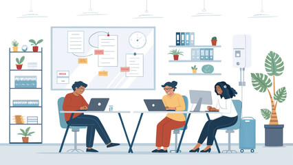 Three diverse colleagues collaborate on projects in a modern, productive office environment, showcasing teamwork and innovation.