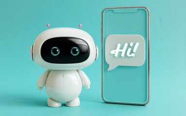 Friendly robot greeting visitors with smartphone messaging in bright blue setting
