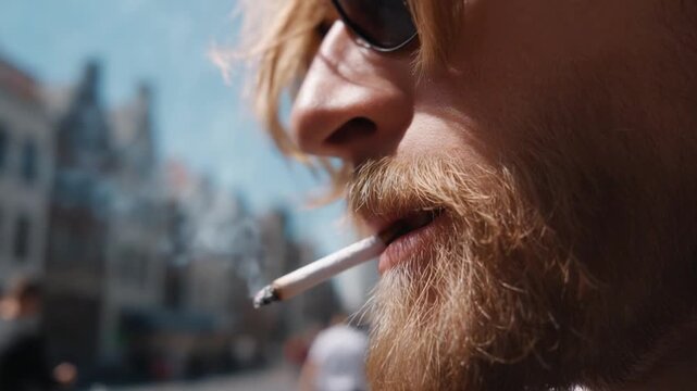 Urban Smoking: A close-up shot captures a person with a full beard in sunglasses, indulging in a cigarette outdoors against a backdrop of architecture.