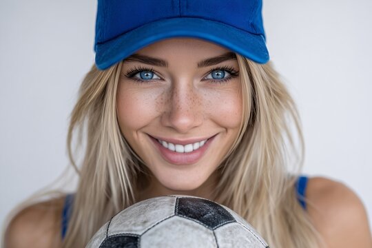 Smiling blonde woman in cap holding soccer ball, athlete portrait with white background - Powered by Adobe