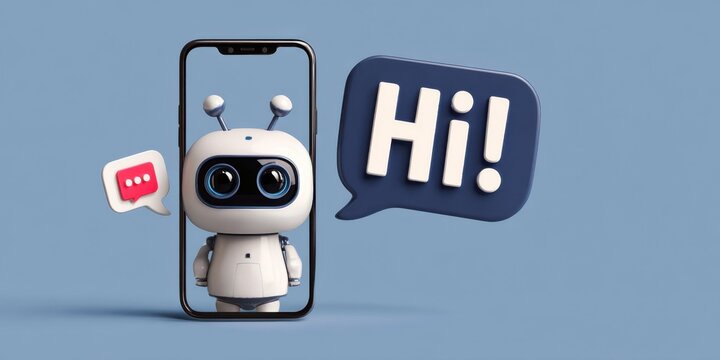 Friendly robot greets viewers through smartphone screen while holding a chat bubble in a modern digital setup