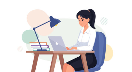 Focused businesswoman working on a laptop at a desk with books and a lamp, representing productivity, remote work, and modern education.