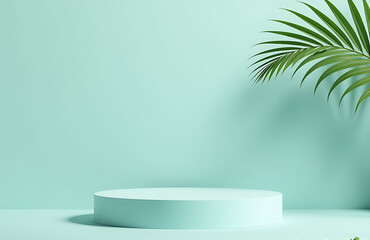 minimalist podium muted turquoise background single palm frond shadow spacious