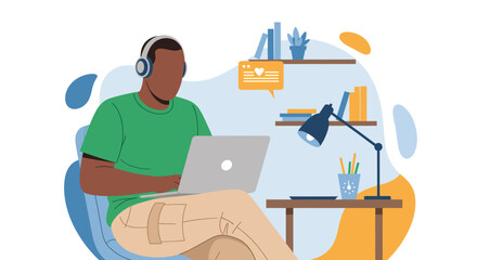 Person with headphones working on laptop in a comfortable home office setting, representing remote work, online learning, or digital communication and productivity.